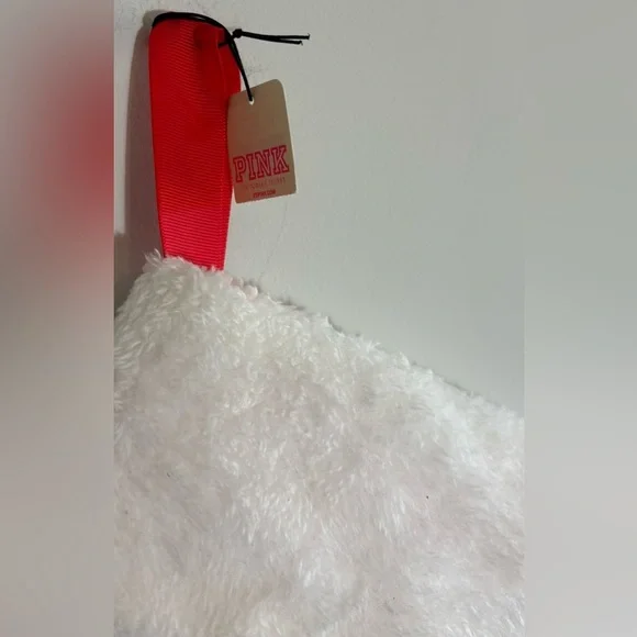 Victoria’s Secret PINK Christmas Stocking Red Logo Pink White Plush Cuff NWT - Picture 3 of 3